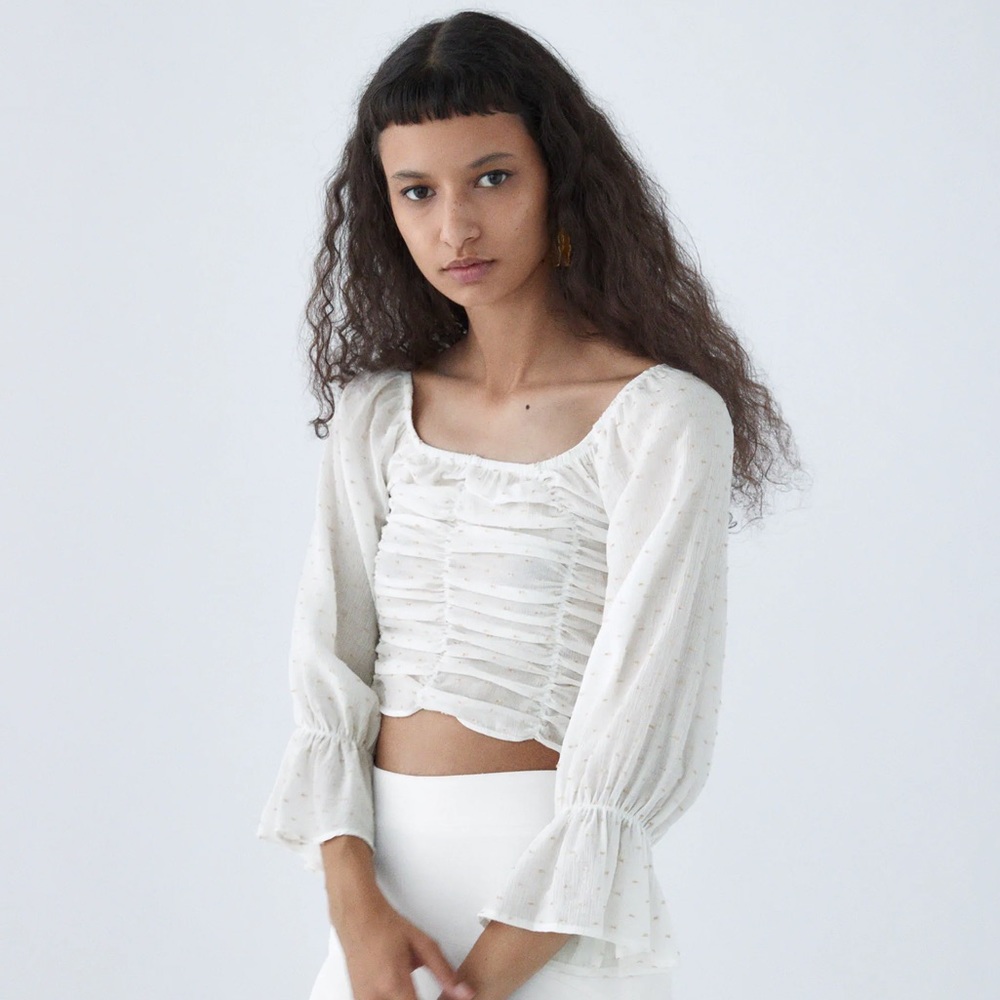 Zara crop top with dotted mesh& ruched